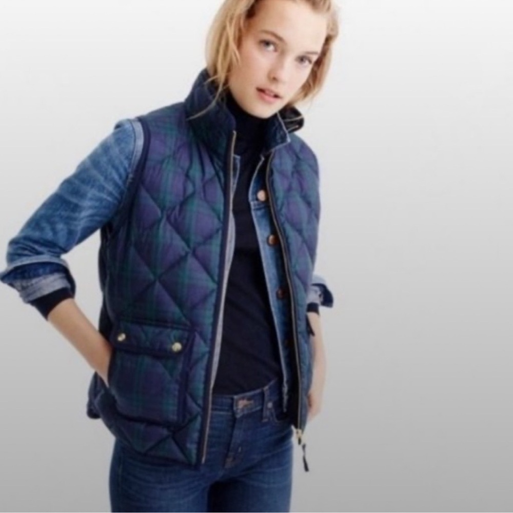 J.Crew Med. Navy & Green Tartan Plaid Down Fill Puffer Vest Full Zip Pockets